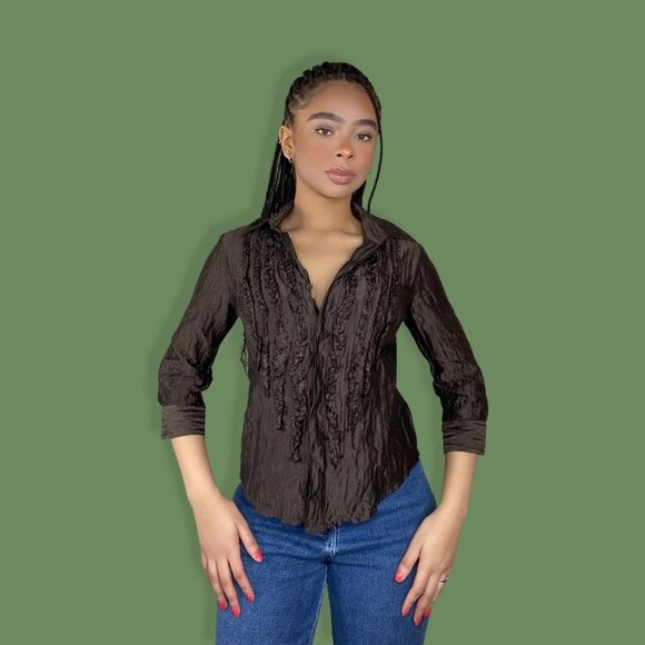 Worthington Tops - Brown Sheer Ruffle Button Up